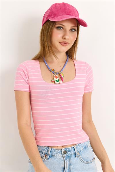 Kare Yaka Likralı Pamuk Bluz Pembe