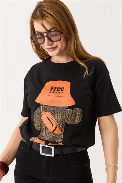Kadın Free Happy Yazılı Bisiklet Yaka Tshirt
