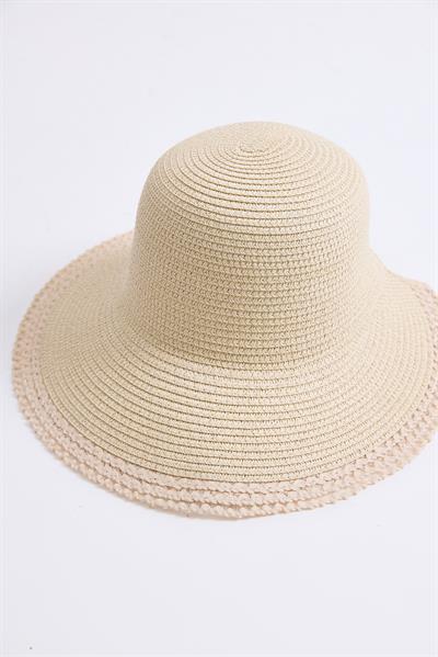 Arkası Açık Önden Siperli Hasır Şapka Bej