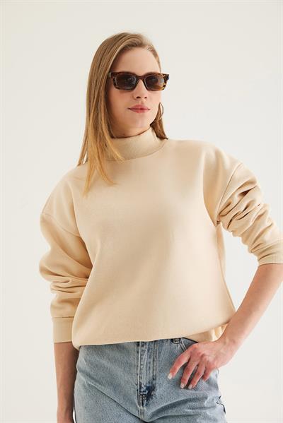 Balıkçı Yaka Şardonlu 3 ip Örme Sweatshirt Bej