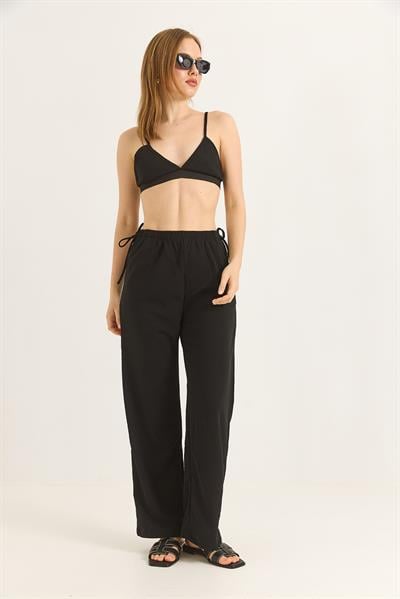 Yanları İp Detaylı Bol Paça Pantalon Siyah