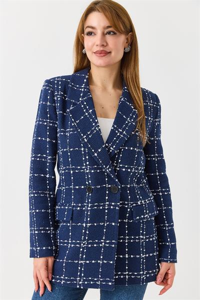 Kadın Ekoseli Blazer Ceket Lacivert