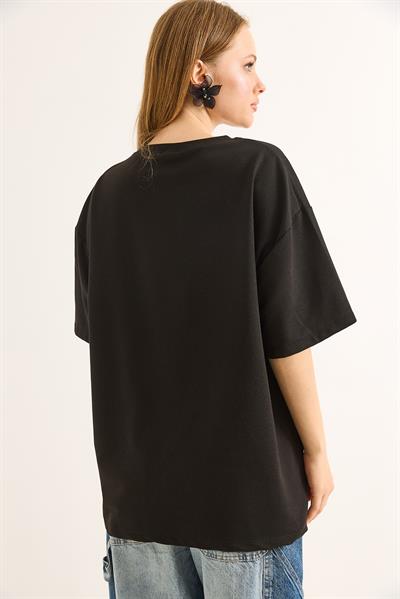 Baskılı Oversize Kesim Kadın Tshirt Siyah