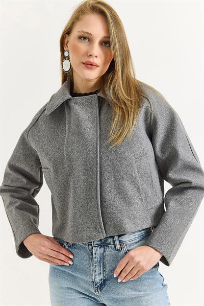 Kadın Crop Kaşe Ceket Düğmeli Cepli GRİ