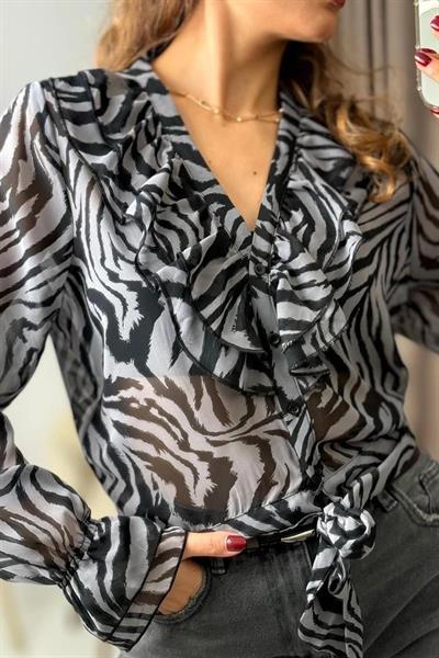 Zebra Desen Düğmeli Fırfırlı Bağcık Detaylı Özel Tasarım Bluz Füme
