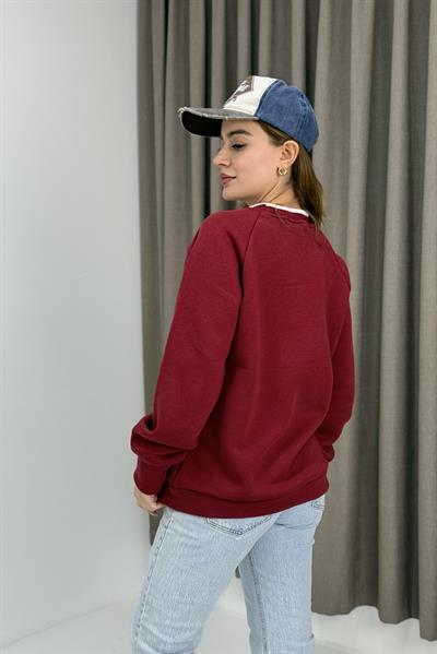 Kadın Yakası Garnili Bol Kesim Sweatshirt Bordo