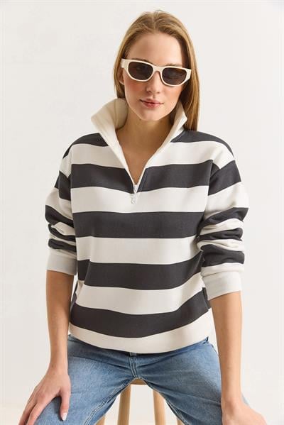 Kadın Antrasit Balıkçı Yaka Çizgili Üç İplik İçi Şardonlu Kışlık Sweatshırt