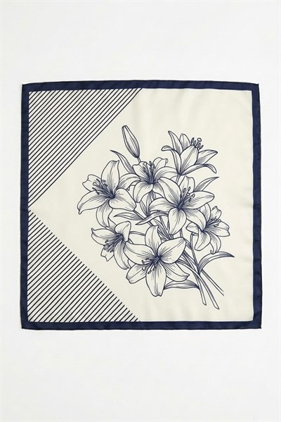 Çiçek Desenli Kenarları Lacivert 45X45 Ölçülü Fular Laci Beyaz