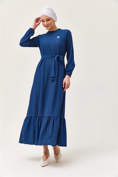 Kuşaklı Kat Keten Elbise Lacivert