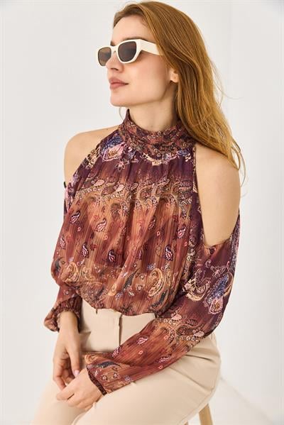 Halter Yaka Full Transparan Omuz Dekolteli  Bluz Kahverengi