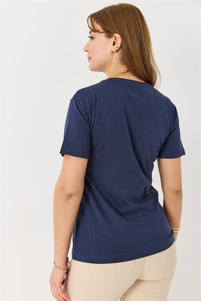 Kadın Palmiye Parlak Baskılı Tshirt Lacivert