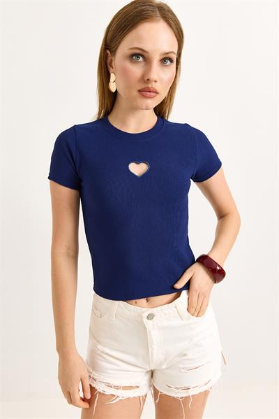 Kalp Detaylı Fitilli Örme Bluz Lacivert