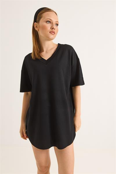 V Yaka Arkası Uzun Basic Tshirt Siyah