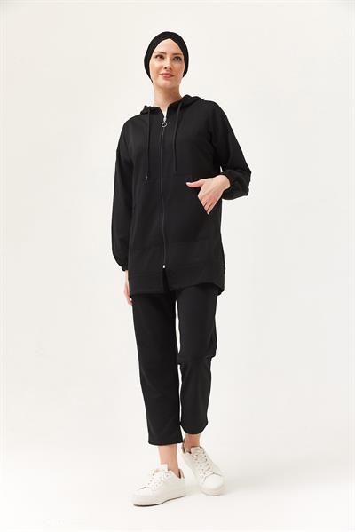 Kadın Kapüşonlu Fermuarlı İkili Takım Siyah