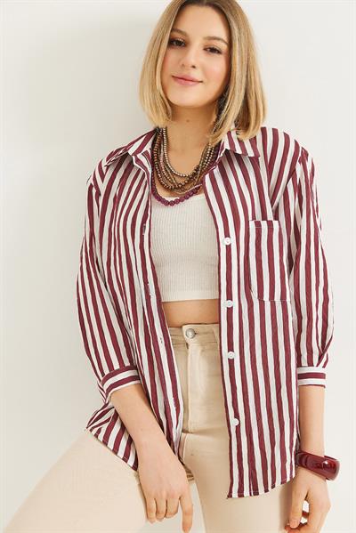 Tek Cepli  Çizgi Desenli Oversize  Gömlek Bordo