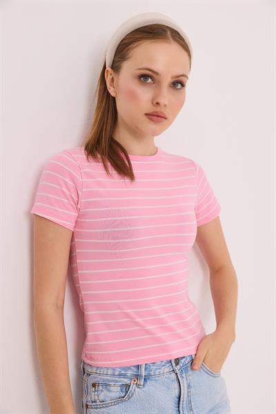 Kısa Kol Likralı Kompak Çizgili Tshirt Pembe