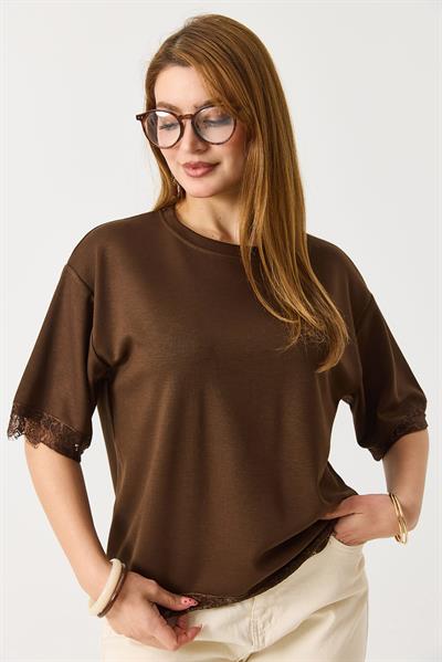 Kadın Kolları Ve Eteği Dantel Detaylı  Düz Modal Tshirt Kahverengi