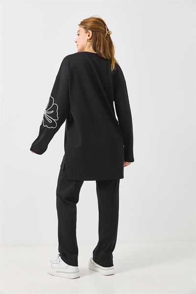 Kadın Bisiklet Yaka Nakışlı Oversize Eşofman Takım Siyah