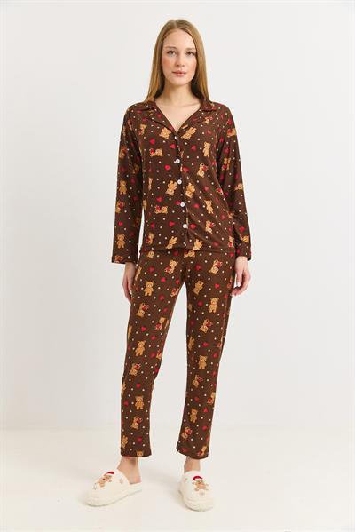 Kadın Ayıcık Baskılı Kahverengi Polo Yaka Pamuklu Pijama Takımı