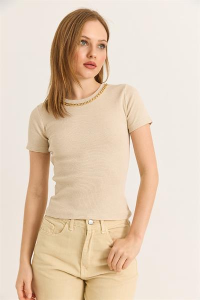 Bisiklet Yaka Zincir Detaylı Kaşkorse Bluz Vizon