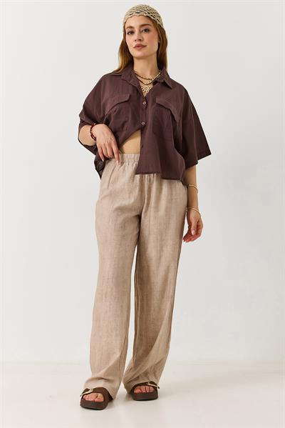 Kadın Desenli Beli Lastikli Bol Kesim Pantalon Vizon