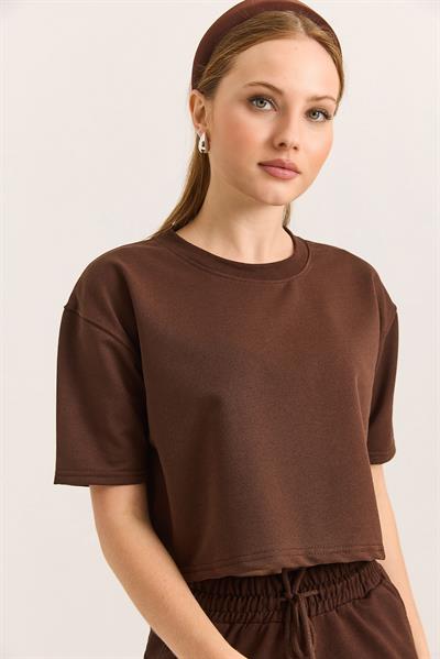 Bisiklet Yaka Havalı Crop İki İp Tshirt  Kahverengi