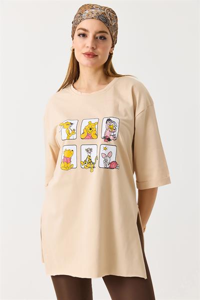 Kadın Yanı Yırtmaçlı Oversize Basic Tshirt Krem