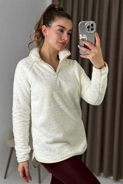 Kadın Yarım Fermuarlı  Welsoft Peluş Ekru Sweatshirt 