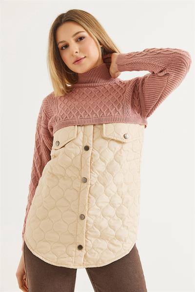 Kapitoneli Baklava Örgülü Triko Kazak Pudra