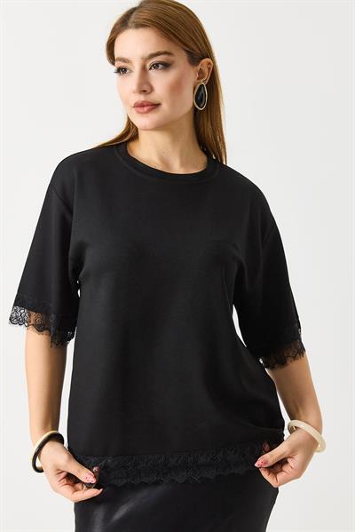 Kadın Kolları Ve Eteği Dantel Detaylı  Düz Modal Tshirt Siyah