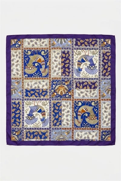 Geleneksel Etnik Desenli 45X45 Ölçülü Fular Mavi