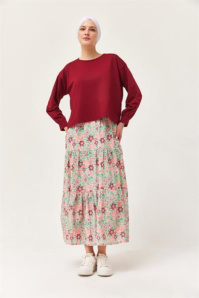 Çiçek Desenli Etekli İkili Takım Bordo
