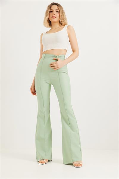 Yüksel Bel Çımalı  İspanyol Paça Pantolon Su Yeşili