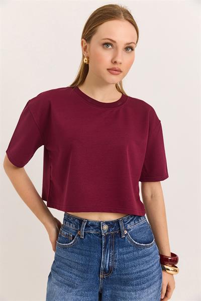 Bisiklet Yaka Havalı Crop İki İp Tshirt Bordo