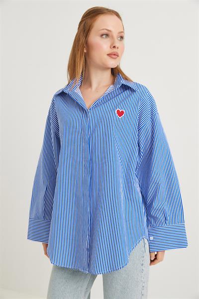 Kalp Nakışlı  Oversize Basic Gömlek Lacivert