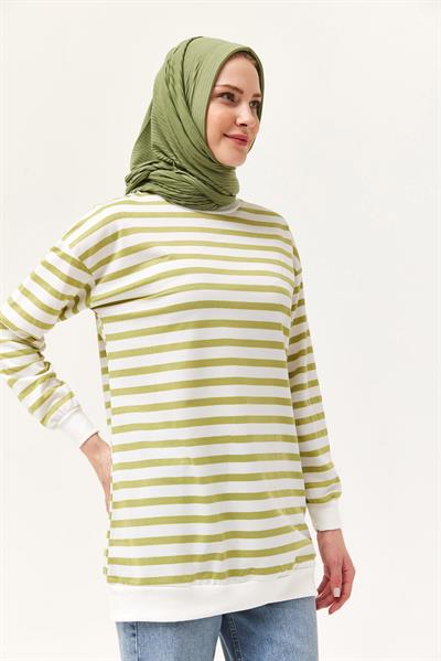 Çizgili Oversize Tunik Açık Yeşil
