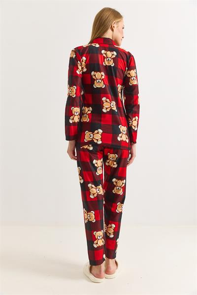 Kadın Kırmızı Pamuklu Polo Yaka Ayıcık Baskılı Polo Yaka Pijama Takımı 