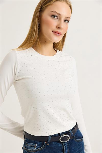 Kadın Ottoman Bisiklet Yaka Taşlı Bluz Beyaz