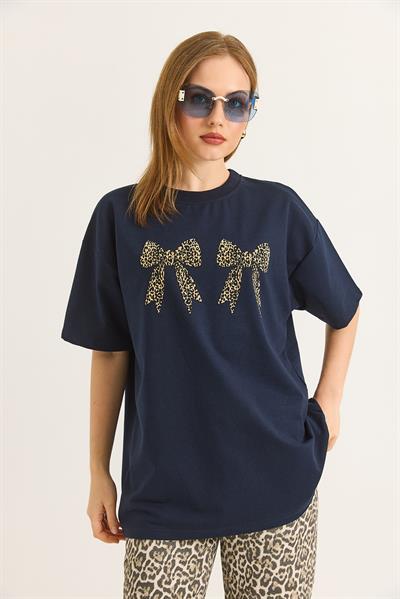 Kurdele Baskı Detaylı Basic TShirt  Lacivert