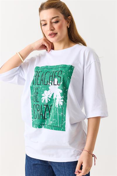 Kadın Baskılı Bisiklet Yaka Kısa Kol Tshirt Beyaz