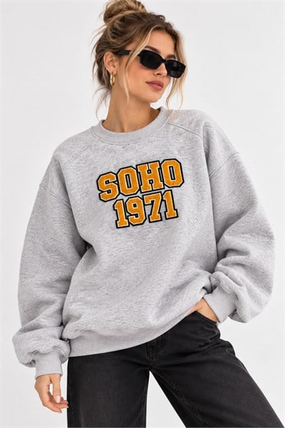 Kadın Bisiklet Yaka Şardonlu Oversize Baskılı Sweatshirt Gri