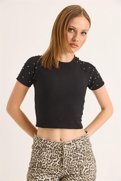 Regular Taş Detaylı Ottoman Crop Bluz Siyah