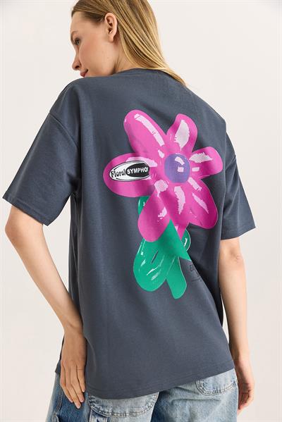 Baskılı Bisiklet Yaka Basic Tshirt Füme