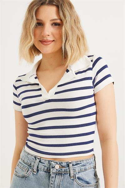 Polo Yaka Çizgili Crop Bluz Lacivert