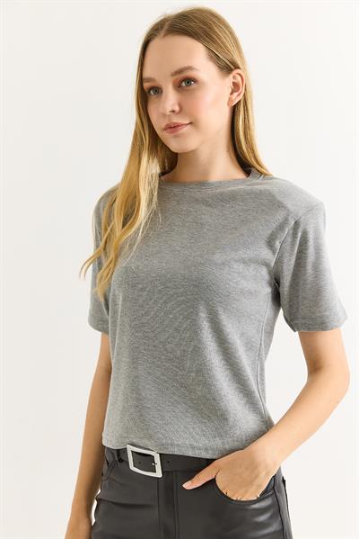 Vatkalı Bisiklet Yaka Basic Tshirt Gri