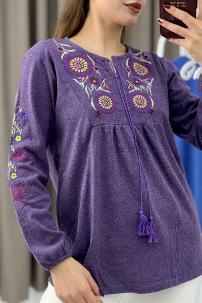 Kadın Mor Triko Etnik Mor Çiçek Nakışlı Kazak