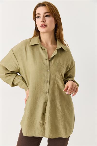 Kadın Oversize Müslin Kumaş Basic Gömlek Açık Haki