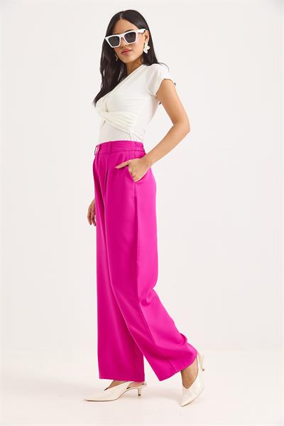 Yüksek Bel Bol Paça Pantalon Fuşya