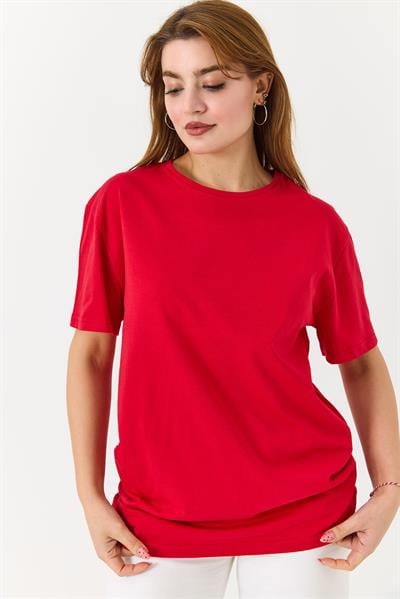 Kadın Bisiklet Yaka Baskısız Düz Bisiklet Yaka Tshirt Kırmızı