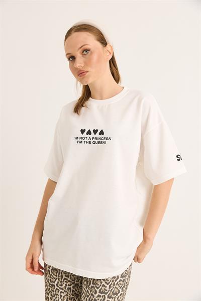 Bisiklet Yaka Baskılı Oversize Tshirt Beyaz